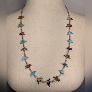 Vintage 19-Bird Fetish Necklace w. Turquoise and Heishi Beads 28"